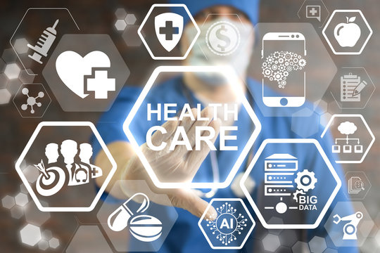 Health Care Innovative Technologies Integrate. Innovation medicine concept. Modern Healthcare innovate information technology integration. Doctor touched icon health care text on virtual screen.