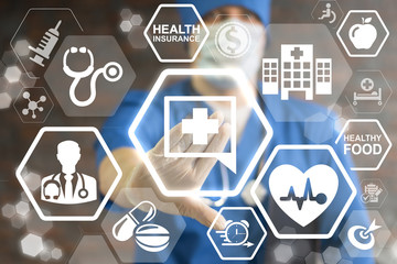 Medical Support FAQ Center. Doctor touched icon speech bubble cross on virtual screen. 24 hours medicine concept. Health care help communication. Hospital call question answer center service.