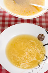 Domestic chicken soup served in the plate on the table