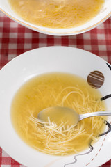 Domestic chicken soup served in the plate on the table