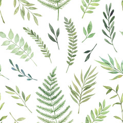 Obraz premium Hand drawn watercolor illustration. Botanical background with green leaves, branches and herbs. Floral Design elements. Perfect for wedding invitations, greeting cards, textiles, prints, posters