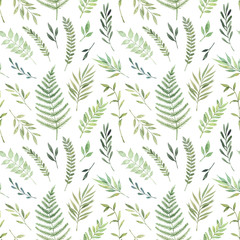 Hand drawn watercolor illustration. Botanical background with green leaves, branches and herbs. Floral Design elements. Perfect for wedding invitations, greeting cards, textiles, prints, posters