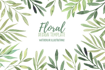 Hand drawn watercolor illustration. Botanical frame with green leaves, branches and herbs. Floral Design elements. Perfect for wedding invitations, greeting cards, prints, posters, packing etc