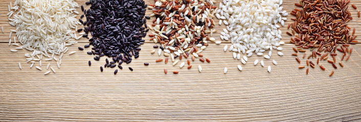 Five types of rice: basmati, black rice, mix long grain, arborio and red rice