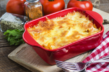 Bacon lovers' mac and cheese in baking dish Cheese face