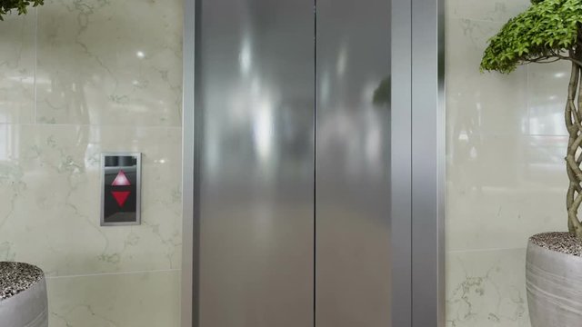 Open and closed chrome metal office building elevator doors concept animation