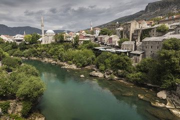 Fototapeta na wymiar Panorama from The Old Bridge in Mostar in a beautiful summer day, Bosnia and Herzegovina.