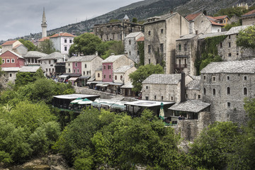 Fototapeta na wymiar Panorama from The Old Bridge in Mostar in a beautiful summer day, Bosnia and Herzegovina.