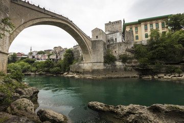 Panorama of The Old Bridge in Mostar in a beautiful summer day, Bosnia and Herzegovina