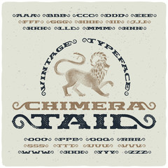 Vintage font with textured effect and hand drawn illustration of mythological chimera - obrazy, fototapety, plakaty