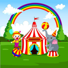 Obraz na płótnie Canvas Circus elephant and clown with carnival background