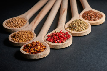 Various of spices in wooden spoons