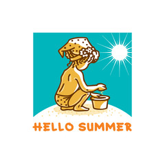 Beautiful little girl with kerchief and pail on sandy beach on sunny day. Cartoon vector illustration.