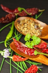 Dried chili on a wooden spoon. Sale of spices. Cultivation of peppers.