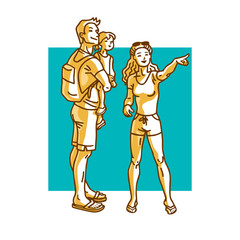 Happy family - mother, father, daughter walking. Beautiful woman pointing finger at something interesting. Cartoon vector illustration.