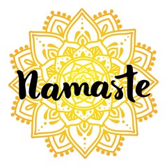 Mandala vector illustration with hand drawn lettering. Namaste, relax, harmony, balance lettering on round mandala. Circle ethnic ornament background.
