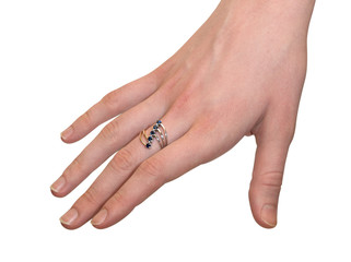 Female hand with a ring on a white background