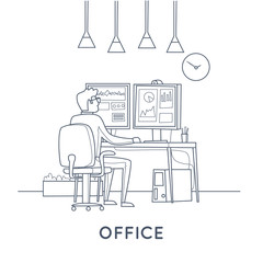 Fototapeta premium Young man working on the computer programmer, business analysis, design, strategy. Thin line. Flat vector illustration in cartoon style.