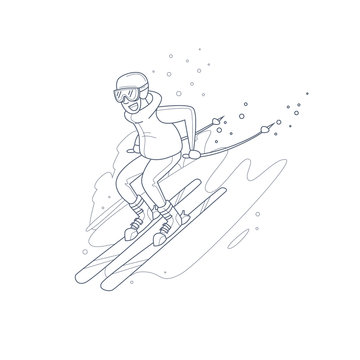Young man riding on skis on snow, winter. Thin line. Flat vector illustration in cartoon style.