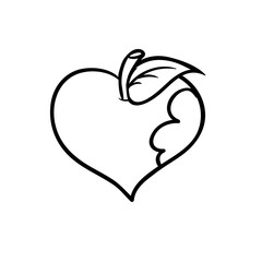 Apple shaped as a bitten heart. Line drawing for coloring and schooling.