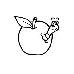 Apple with a little worm. Line drawing for coloring and schooling.