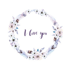 Watercolor floral wreath. Watercolour natural frame: leaves, feathers, flowers, birds. Isolated on white background. Artistic decoration illustration. Save the date.