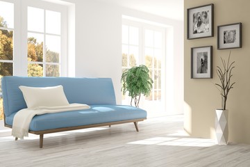 White room with sofa and green landscape in window. Scandinavian interior design. 3D illustration