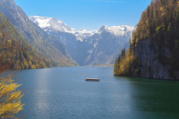 Lake Koenigssee at Schoenau, Berchtesgaden Bavaria Germany on a sunny day with electric ships