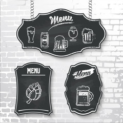 Menu with vector beer icons drawn in chalk on a black chalkboard hanging on a brick wall background. The illustration can be used for menu and signage of a bar, pub, cafe.