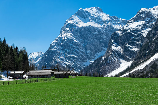 Amazing mountain scenery with rugged mountains in the early springtime  Austria, Tyrol, Karwendel Alpine Park, near Falzthurn