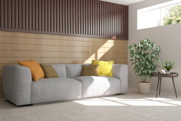 White modern room with sofa. Scandinavian interior design. 3D illustration