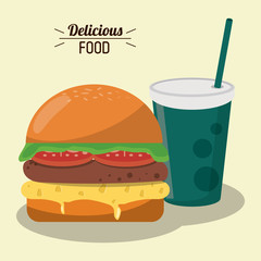 delicious food burger tomato lettuce cheese and soda vector illustration