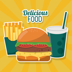 delicious food fast burger french fries soda straw vector illustration