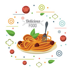 delicious food italian dish pasta and fork card vector illustration