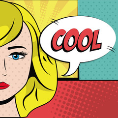 blonde girl cool bubble speech pop art background vector illustration