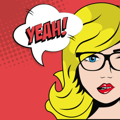 blonde girl glasses bubble speech pop art comic style vector illustration