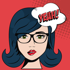 girl glasses and blue hair bubble speech pop art vector illustration