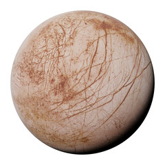 Europa, moon of the planet Saturn in natural colours, isolated on white background