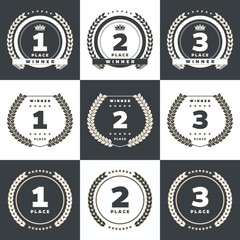 1st, 2ns, 3rd place logo's with laurels and ribbons. Vector illustration.