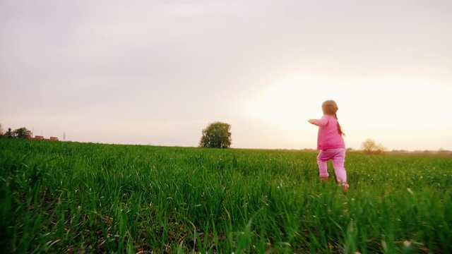 Carefree little girl in pink clothes depicts an airplane. Runs along the green meadow, hands in the sides. At sunset, childhood dreams, a happy childhood. Slow motion