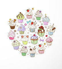 Doodle sketch cupcakes with decorations on white background. Vector illustration.