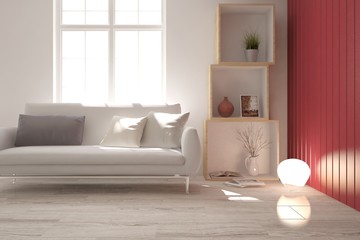 White modern room with sofa. Scandinavian interior design. 3D illustration