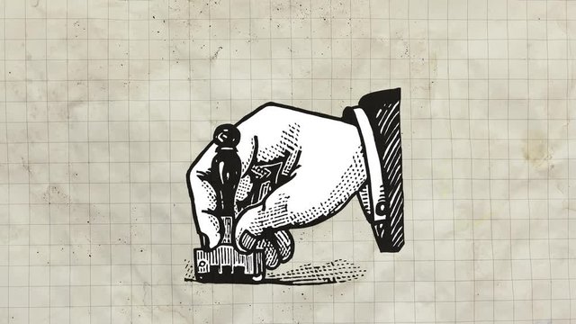 A drawn hand putting a stamp on a surface. Vintage retro old-style animation. Backgrounds: crumpled dirty old papers, flower wallpaper, white, plain green screen.
