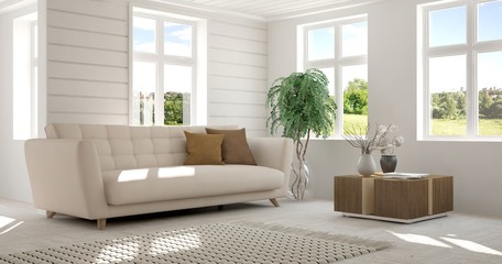 White room with sofa and green landscape in window. Scandinavian interior design. 3D illustration