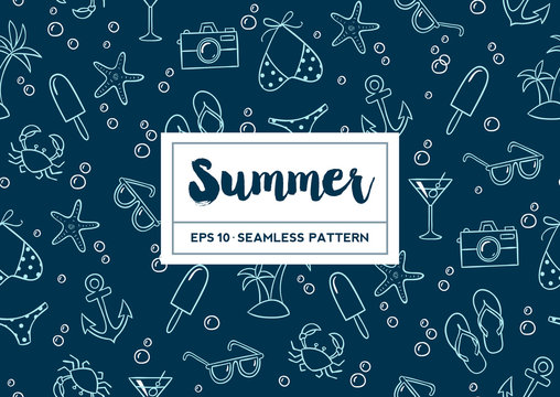Hand drawn summer elements and bubbles seamless pattern. Vector illustration.