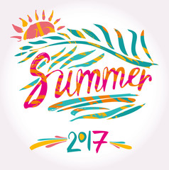 Fototapeta na wymiar Summer 2017 and sun. Hand drawn inscription and palm leaf. Vector design.