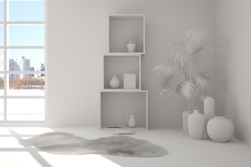 White empty room with shelf. Scandinavian interior design. 3D illustration