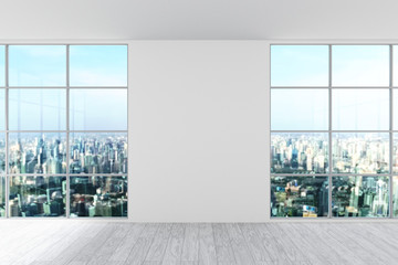 Fototapeta na wymiar Interior of empty room with city view. 3D illustration.