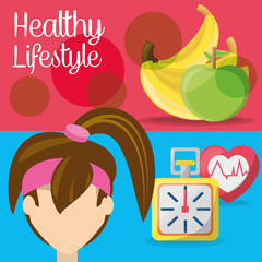 fitness woman with fruits, chronometer and heartbeat, vector illustration