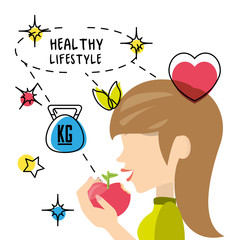 healthy woman eat apple to carry healthy lifestyle, vector illustration